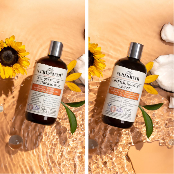 Curlsmith cleansing products on an orange background with sunflowers and coconuts