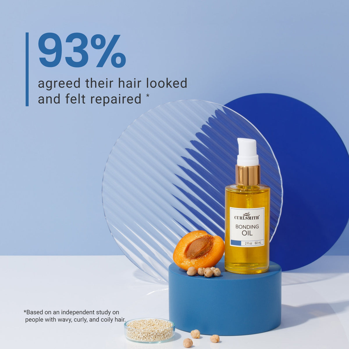 Oil bottle with apricot kernel on a blue and white background