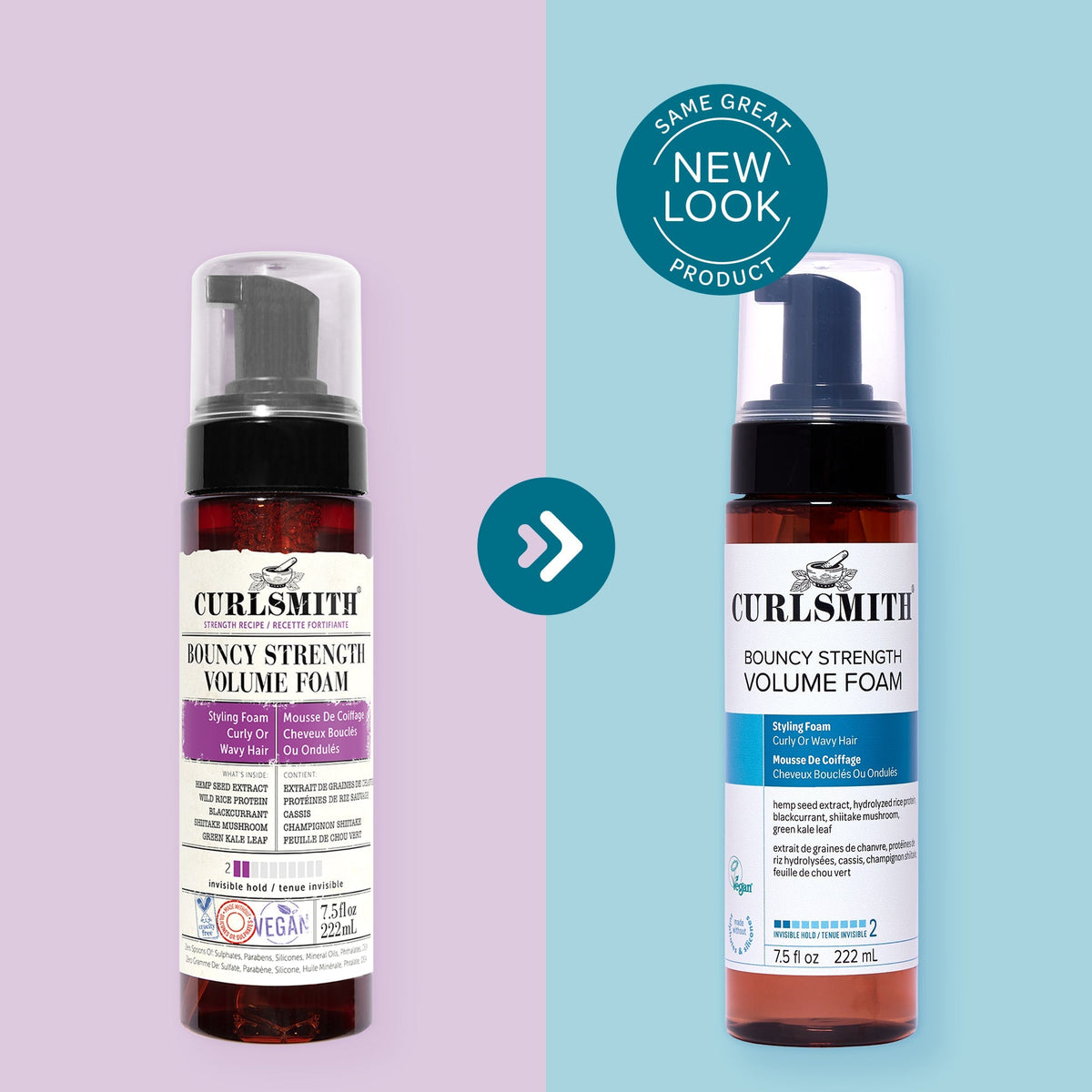 Two bottles of Curlsmith Bouncy Strength Volume Foam on a light purple and blue gradient background.