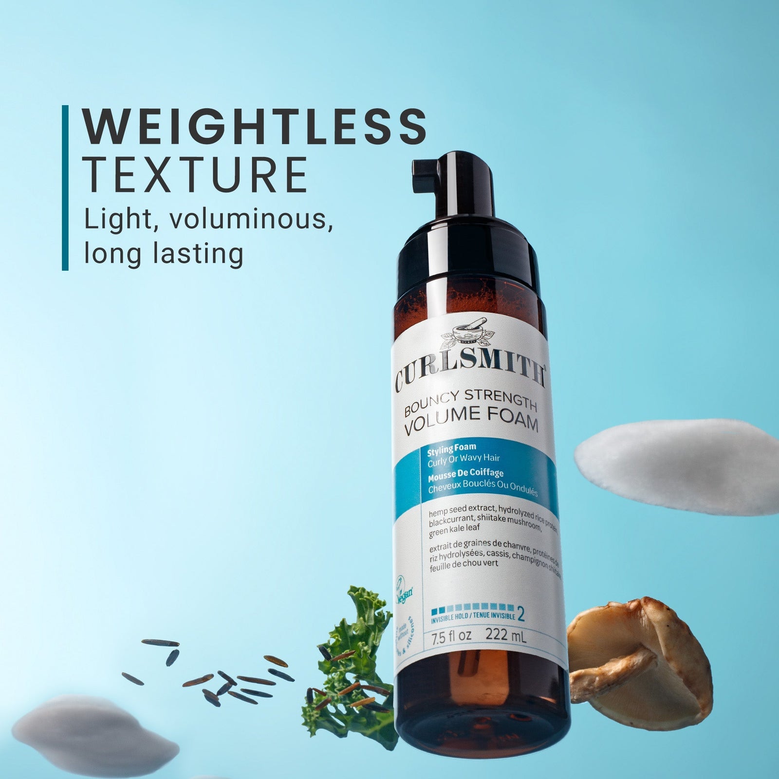 Bottle of Curlsmith Bouncy Strength Volume Foam with text on a blue background