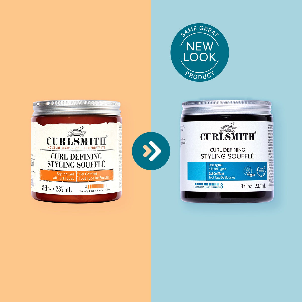 Two jars of Curlsmith Curl Defining Styling Souffle on a split background with 'Same Great Product' label.
