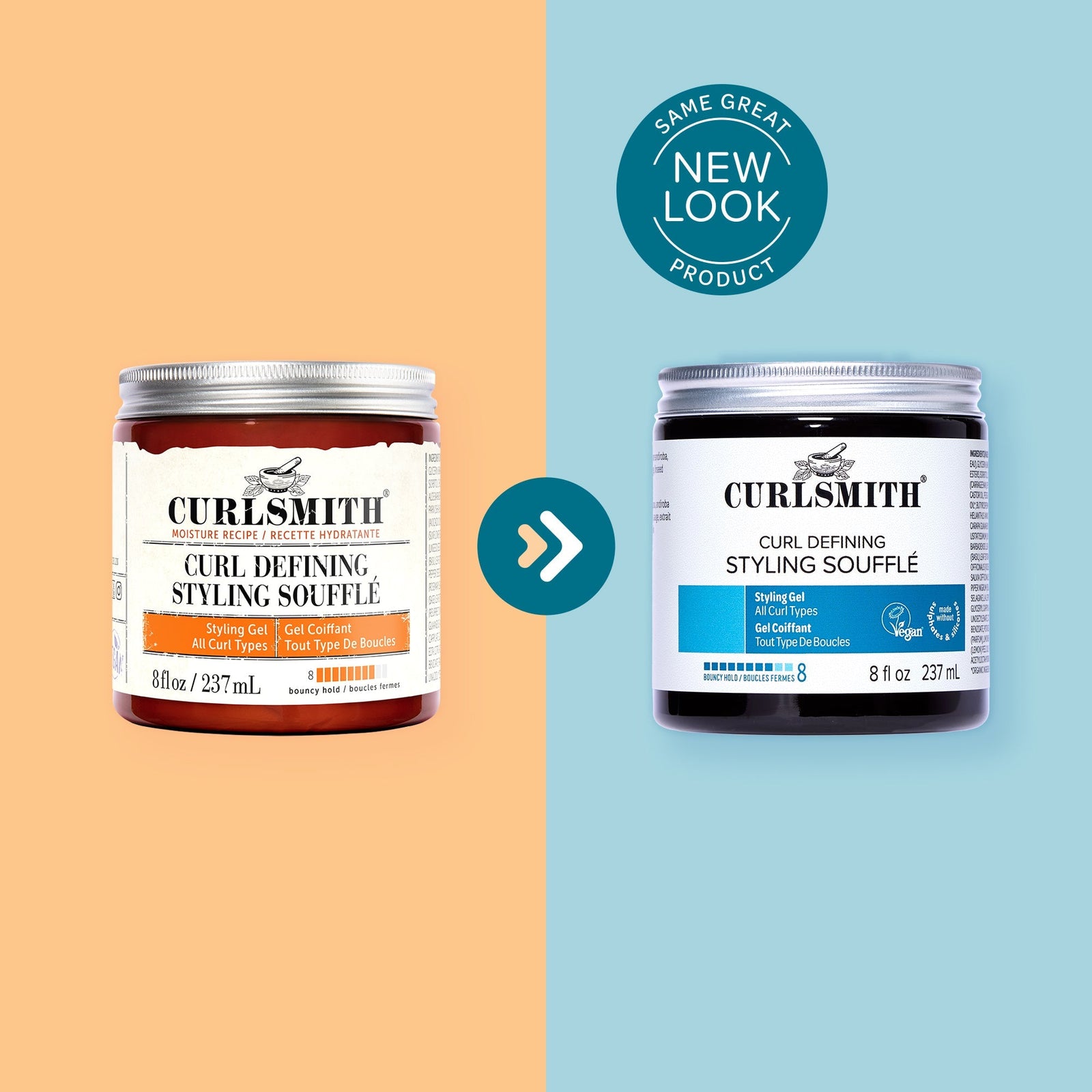 Two jars of Curlsmith Curl Defining Styling Souffle on a split background with 'Same Great Product' label.