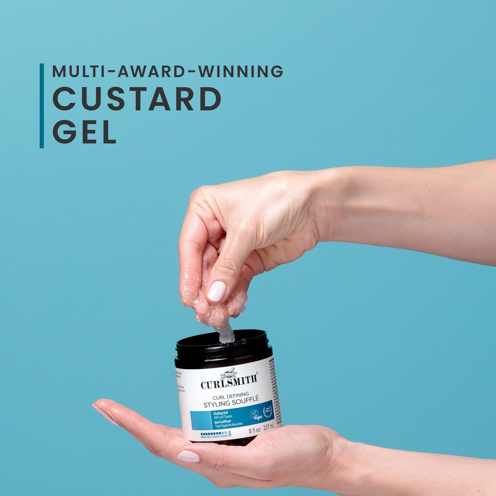 Person using Curlsmith styling gel with text on a blue background