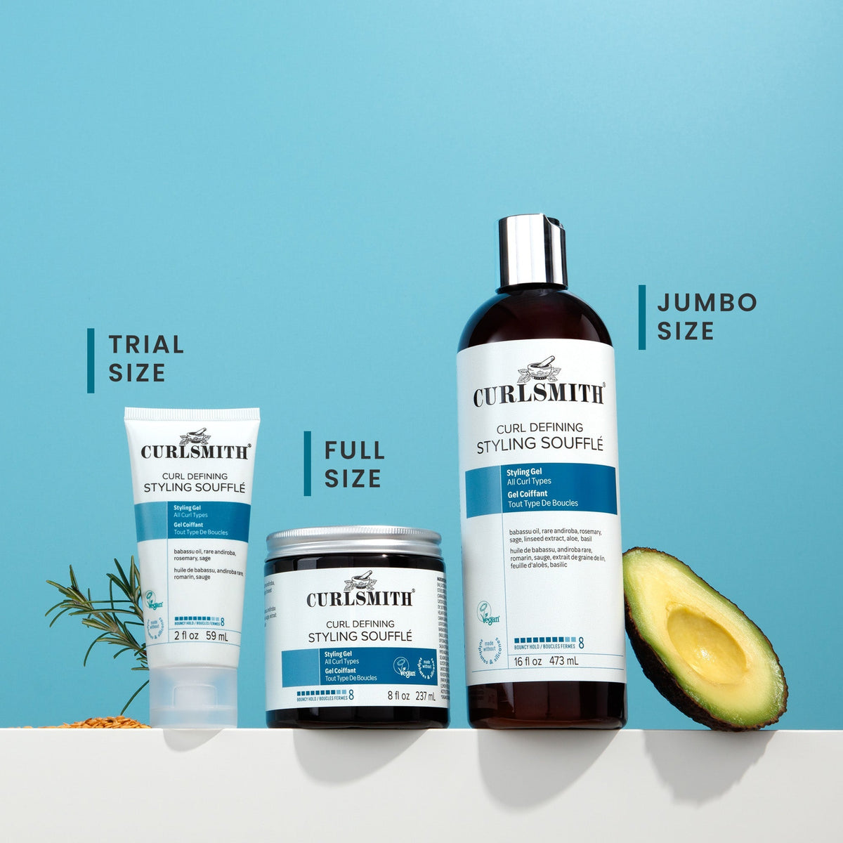 Curlsmitth styling souffle products with size labels on a blue background