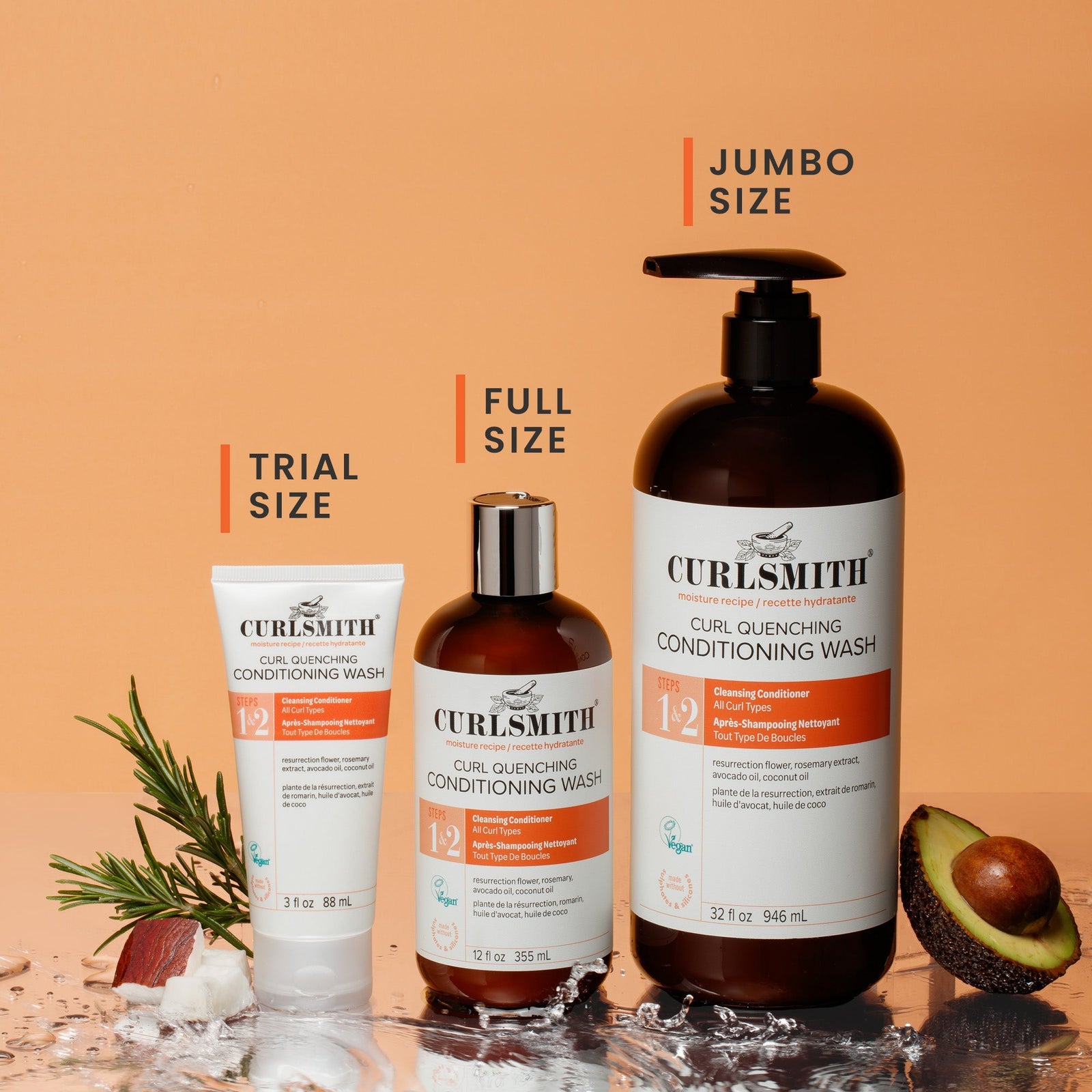 Curlsmith hair care products with size labels on an orange background