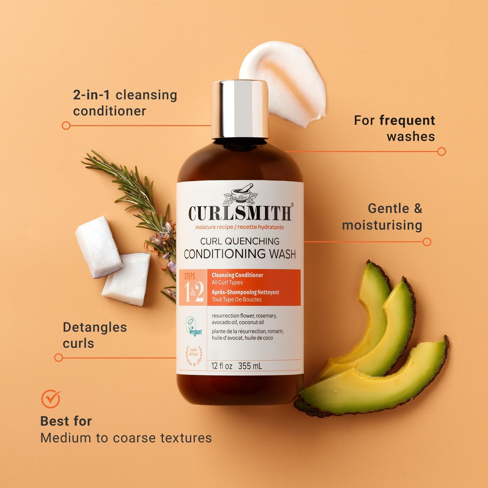 Curlsmith Curl Quenching Conditioning Wash bottle with avocado slices and rosemary on a peach background
