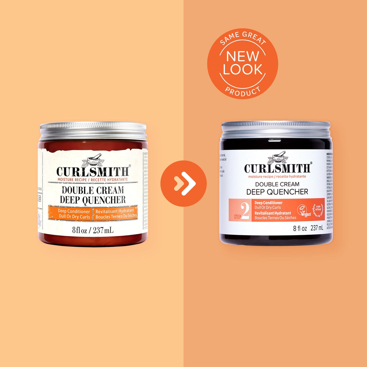 Two jars of Curlsmith Double Cream Deep Quencher on a peach background with a 'Same Great Product, New Look' label.