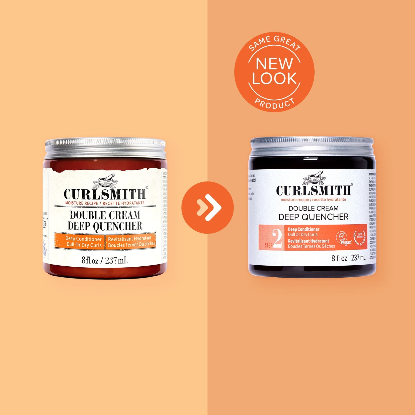 Two jars of Curlsmith Double Cream Deep Quencher on a peach background with a 'Same Great Product, New Look' label.