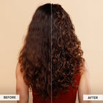 Before and after comparison of hair styling on a beige background