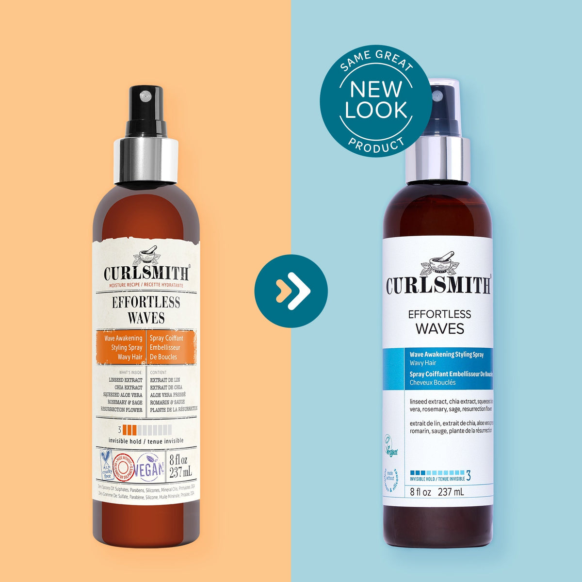 Two bottles of Curlsmith Effortless Waves product on a split background with 'Same Great Product, New Look' text.