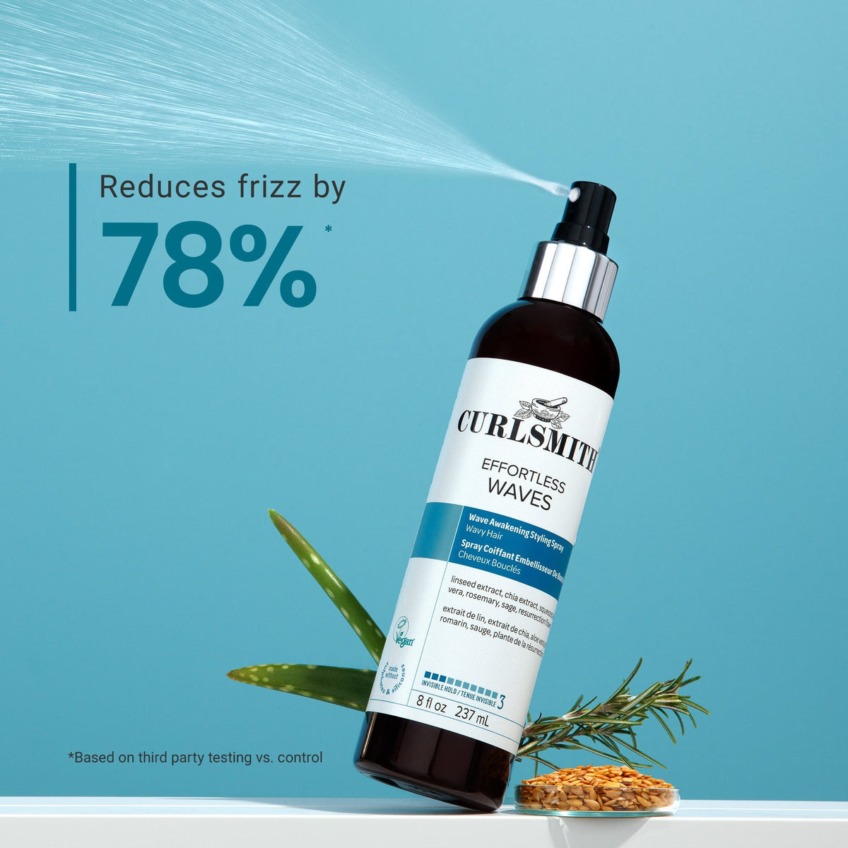 Curlsmith hair care product with aloe vera leaves and rosemary on a blue background