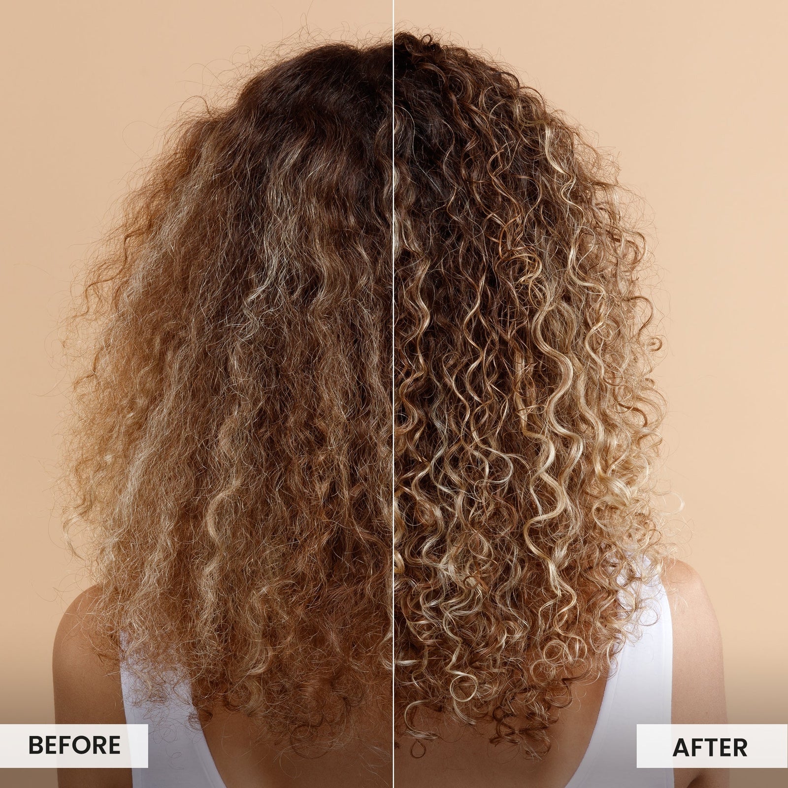 Before and after comparison of curly hair with a neutral background