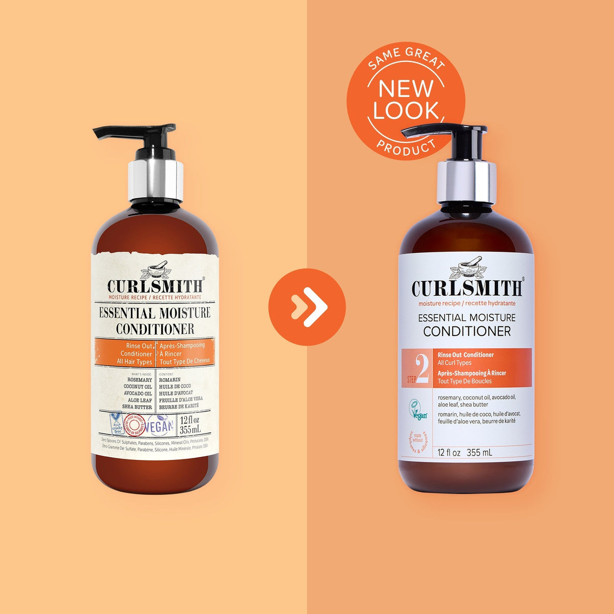 Two bottles of Curlsmith Essential Moisture Conditioner on a peach background with a 'Same Great Product, New Look' label.