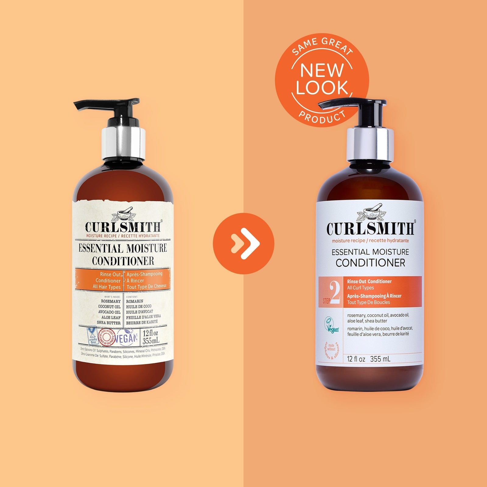 Two bottles of Curlsmith Essential Moisture Conditioner on a peach background with a 'Same Great Product, New Look' label.