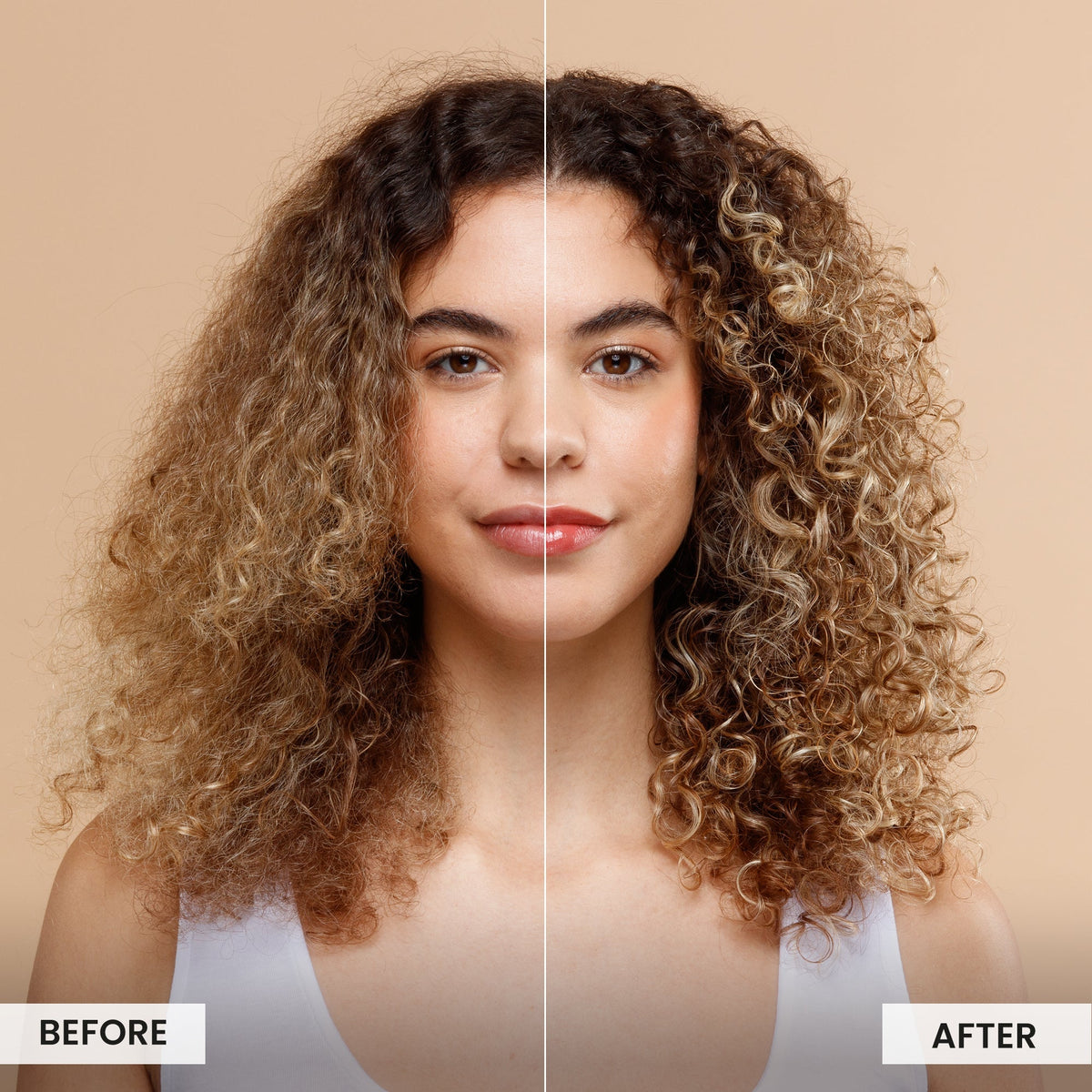 Before and after comparison of a woman with curly hair on a beige background