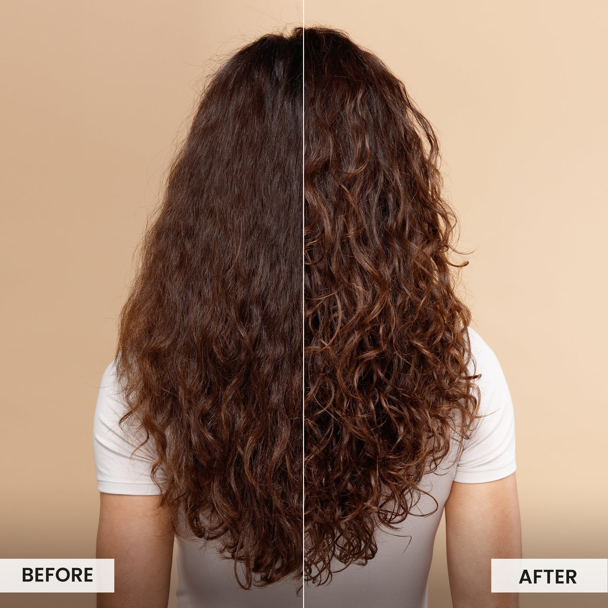Before and after comparison of long, wavy hair on a beige background