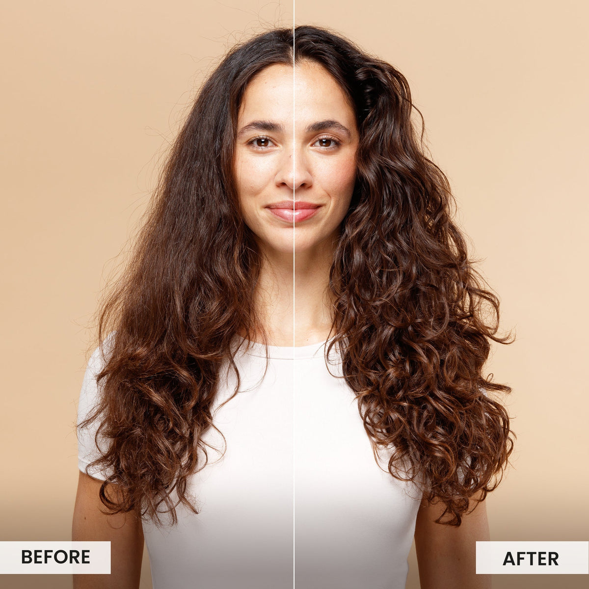 Before and after comparison of a woman with long, wavy hair on a beige background.