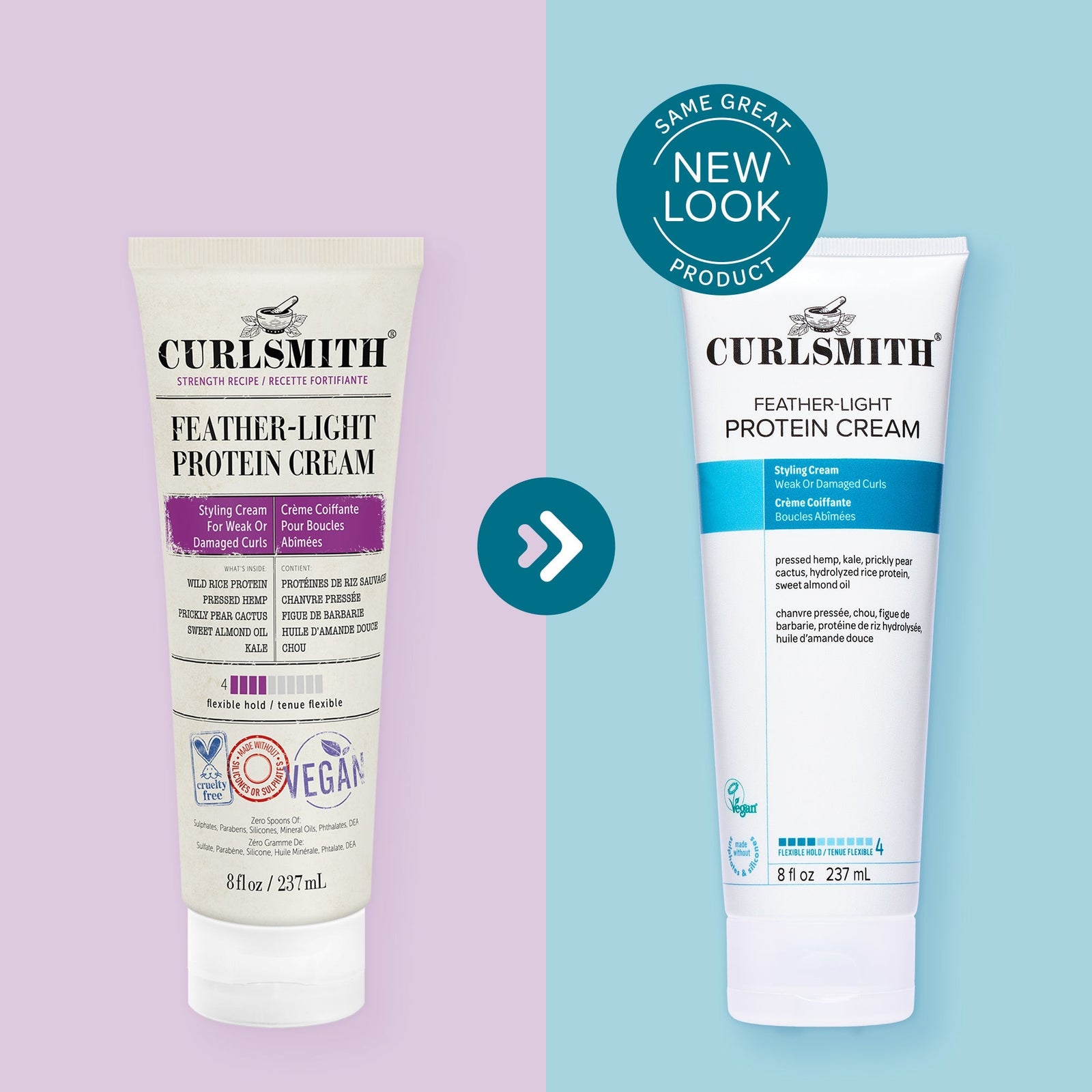 Two bottles of Curlsmith Feather-Light Protein Cream on a split background with a 'Same Great Product, New Look' badge.