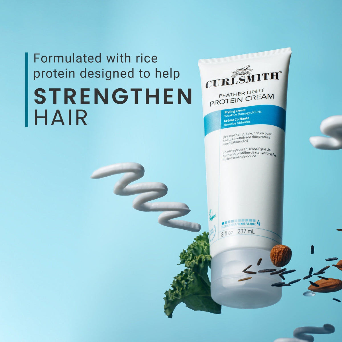 Curlsmith Feather-Light Protein Cream tube on a blue background with text about rice protein benefits.