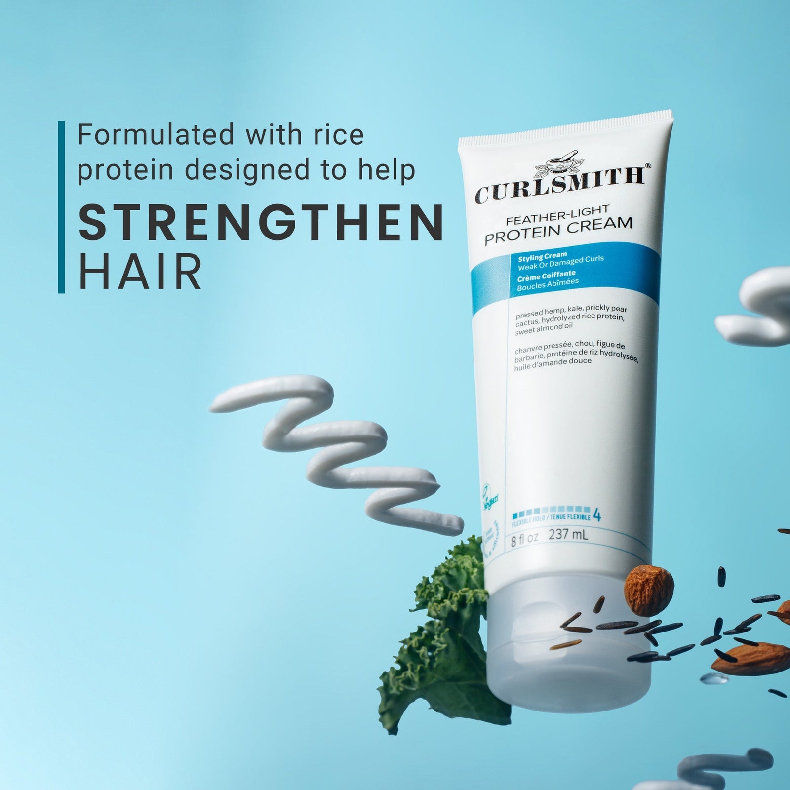 Curlsmith Feather-Light Protein Cream tube on a blue background with text about rice protein benefits.