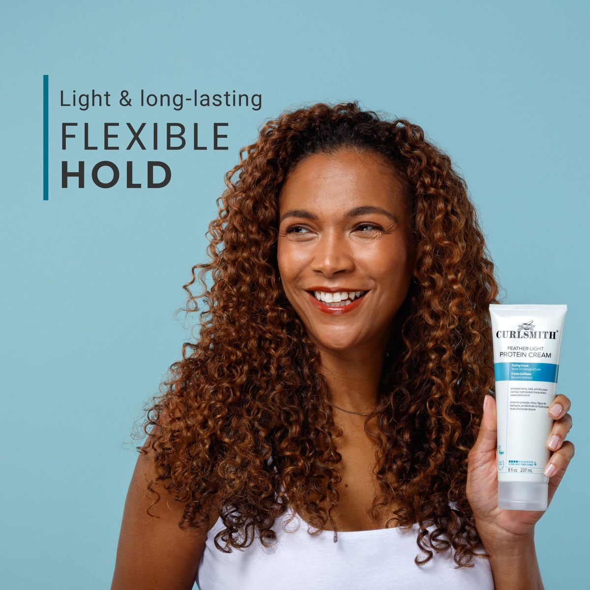 Woman holding a bottle of Curlsmith product with text 'Light & long-lasting Flexible Hold' on a blue background
