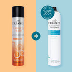 Two bottles of Curlsmith hair spray on a split background with 'Same Great Product' and 'New Look' text.
