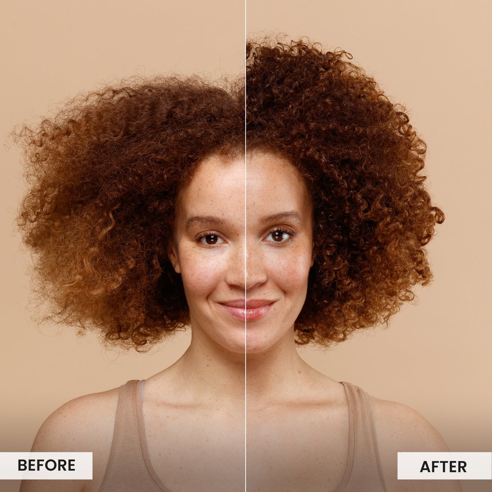 Before and after comparison of a woman with curly hair on a beige background