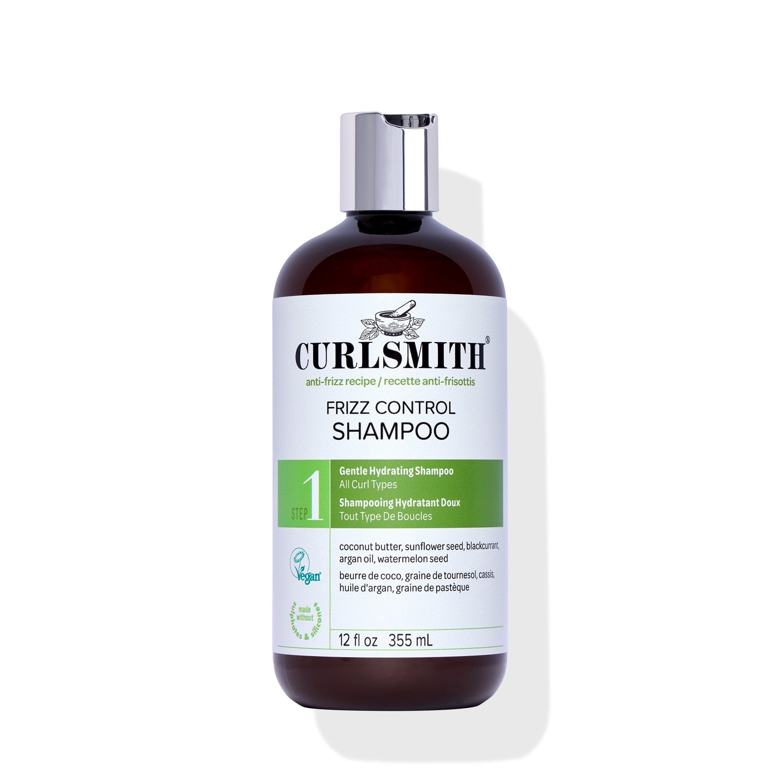 Curlsmith frizz control shampoo bottle on a white background
