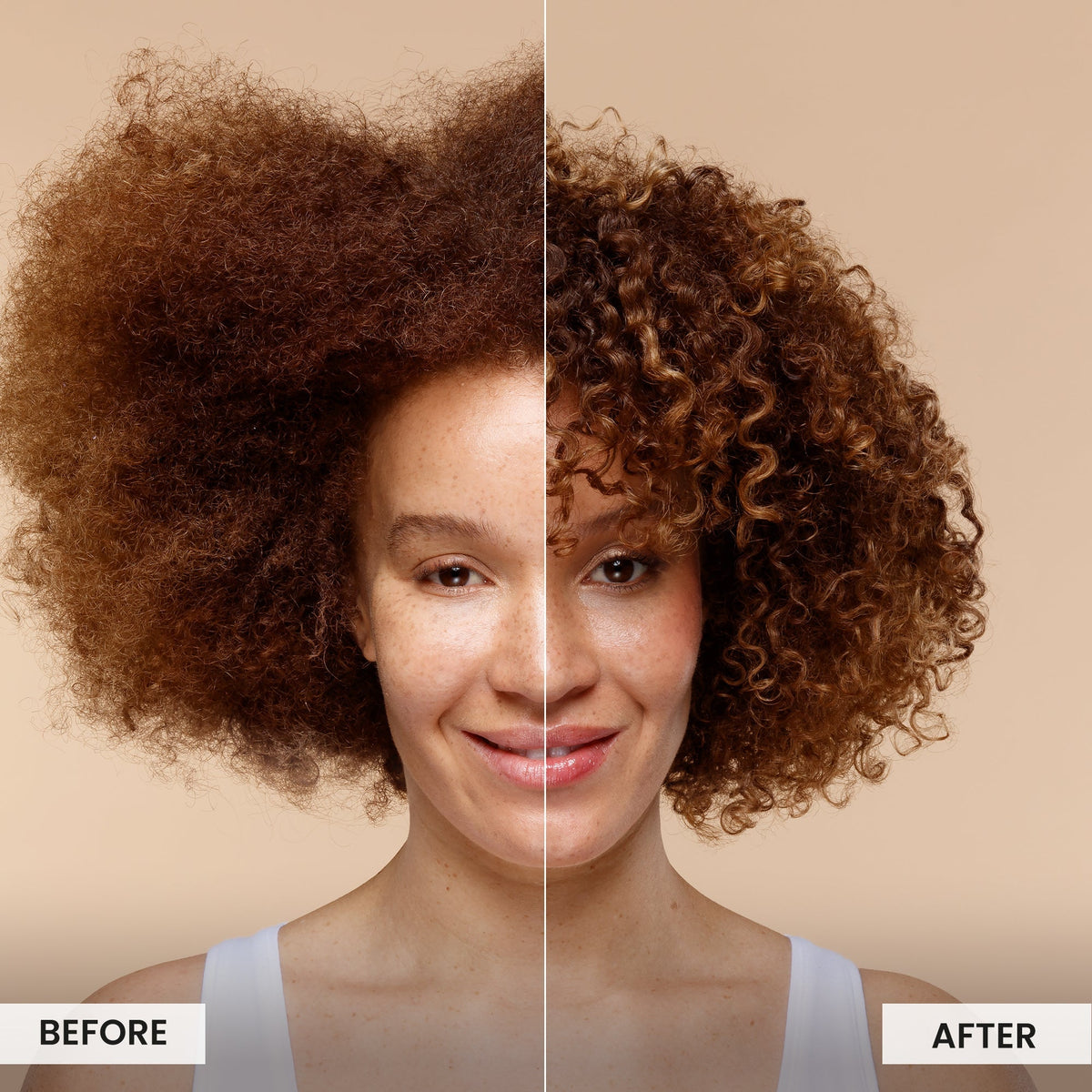 Before and after comparison of a woman's hair with a beige background