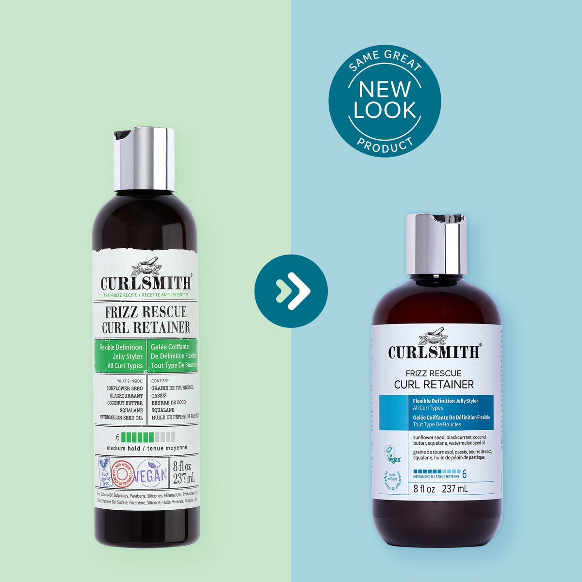 Two bottles of Curlsmith Frizz Rescue Curl Retainer with a 'Same Great Product, New Look' label on a green and blue background.
