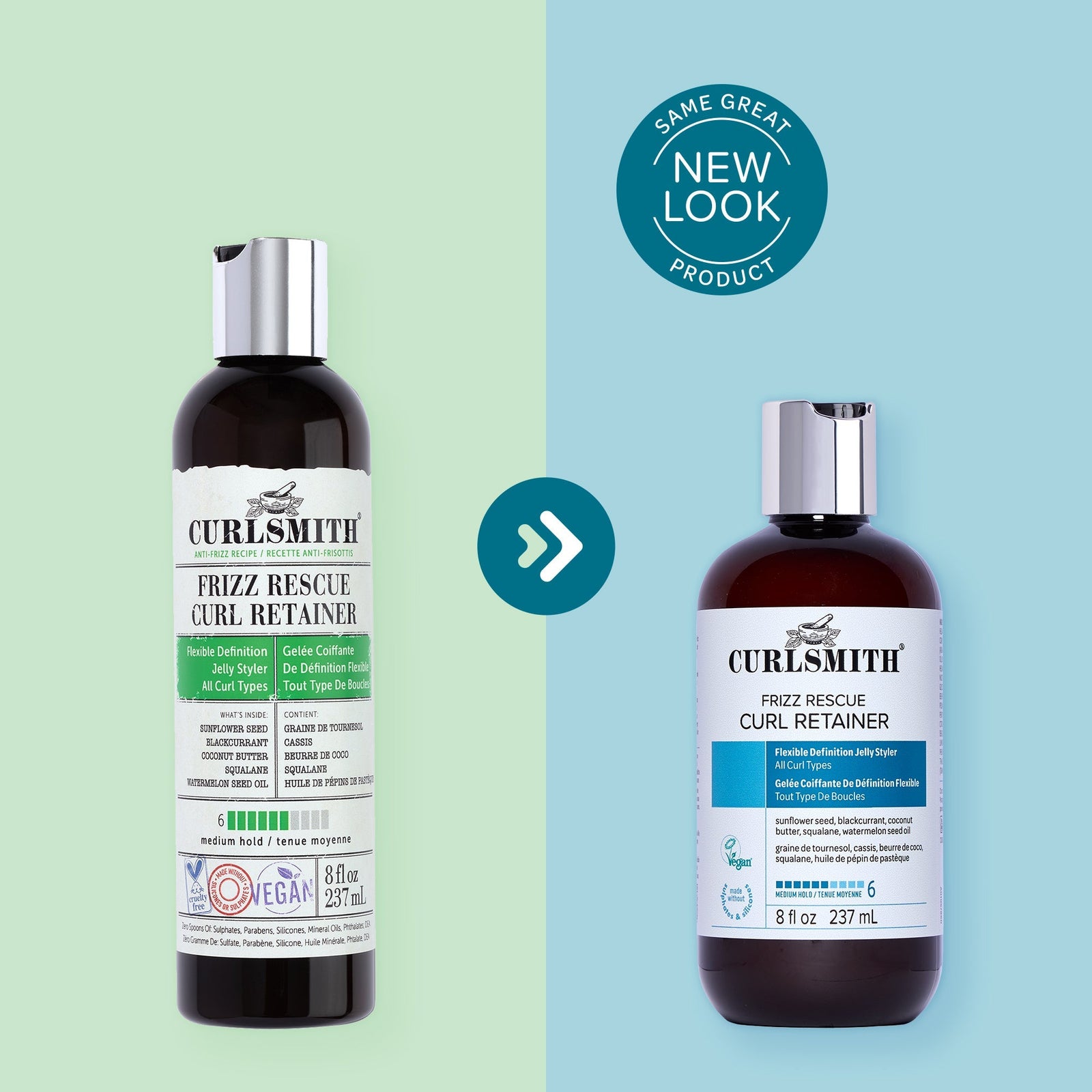 Two bottles of Curlsmith Frizz Rescue Curl Retainer with a 'Same Great Product, New Look' label on a green and blue background.