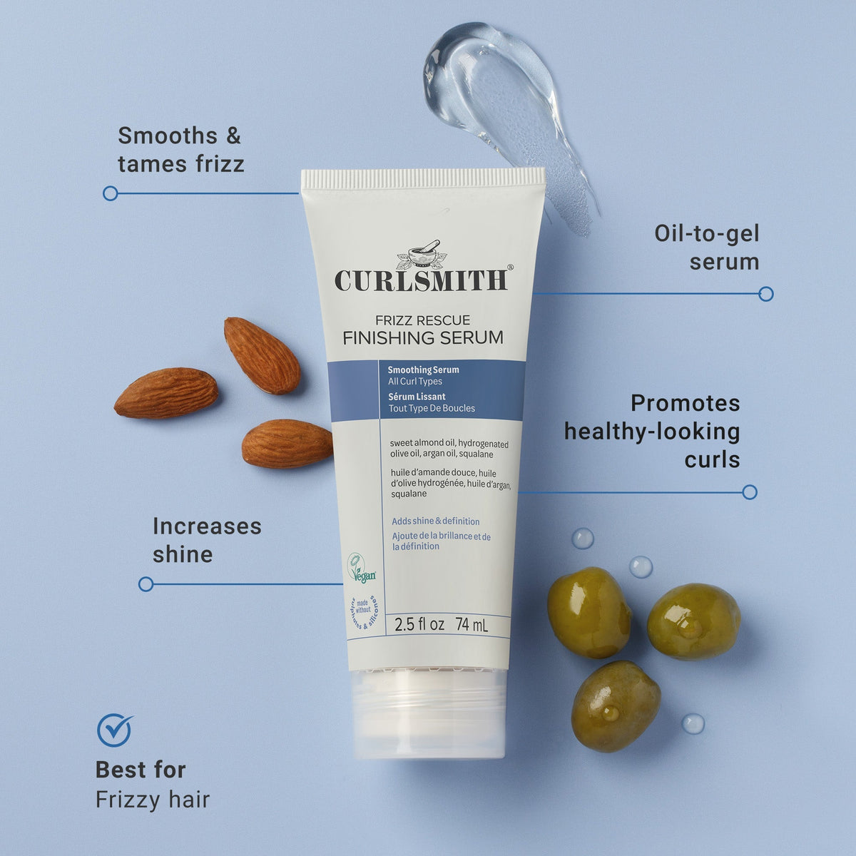 Curlsmith Frizz Rescue Finishing Serum with ingredients on a blue background