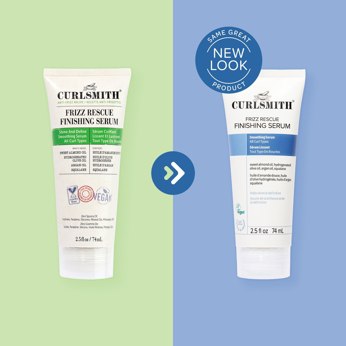 Two versions of Curlsmith Frizz Rescue Finishing Serum on a green and blue background with a 'New Look' label.