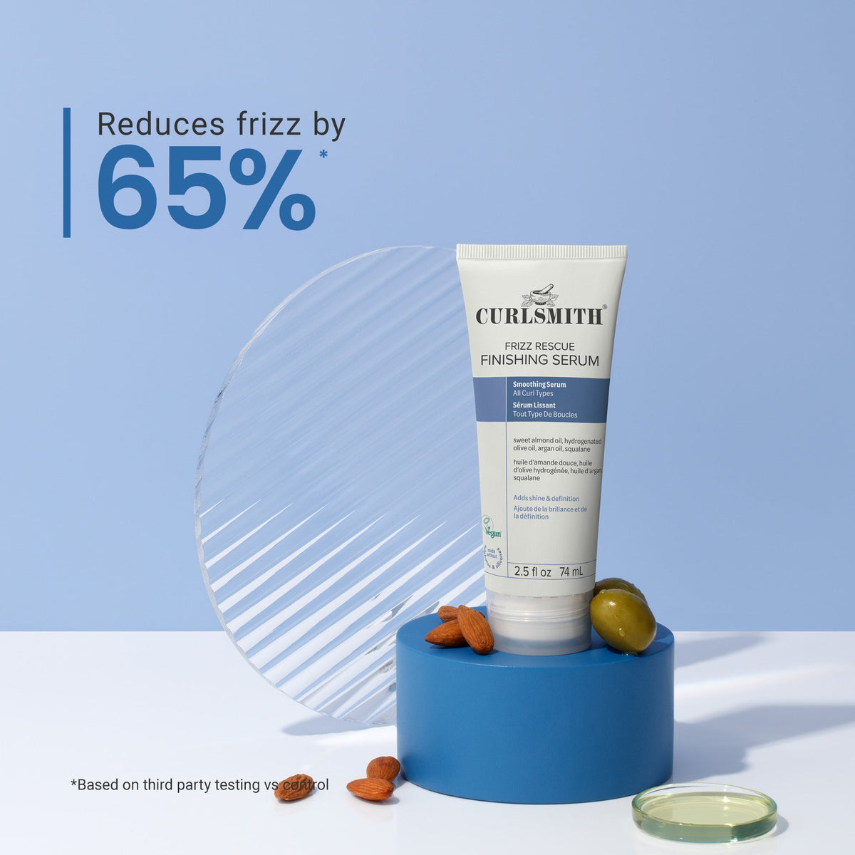 Curlsmith frizz rescue finishing serum on a blue pedestal with text indicating frizz reduction percentage.