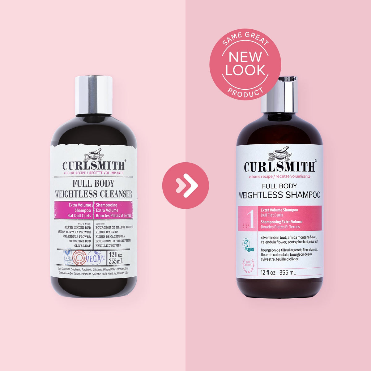 Two bottles of Curlsmith Full Body Weightless products on a pink background with a 'Same Great Product, New Look' label.