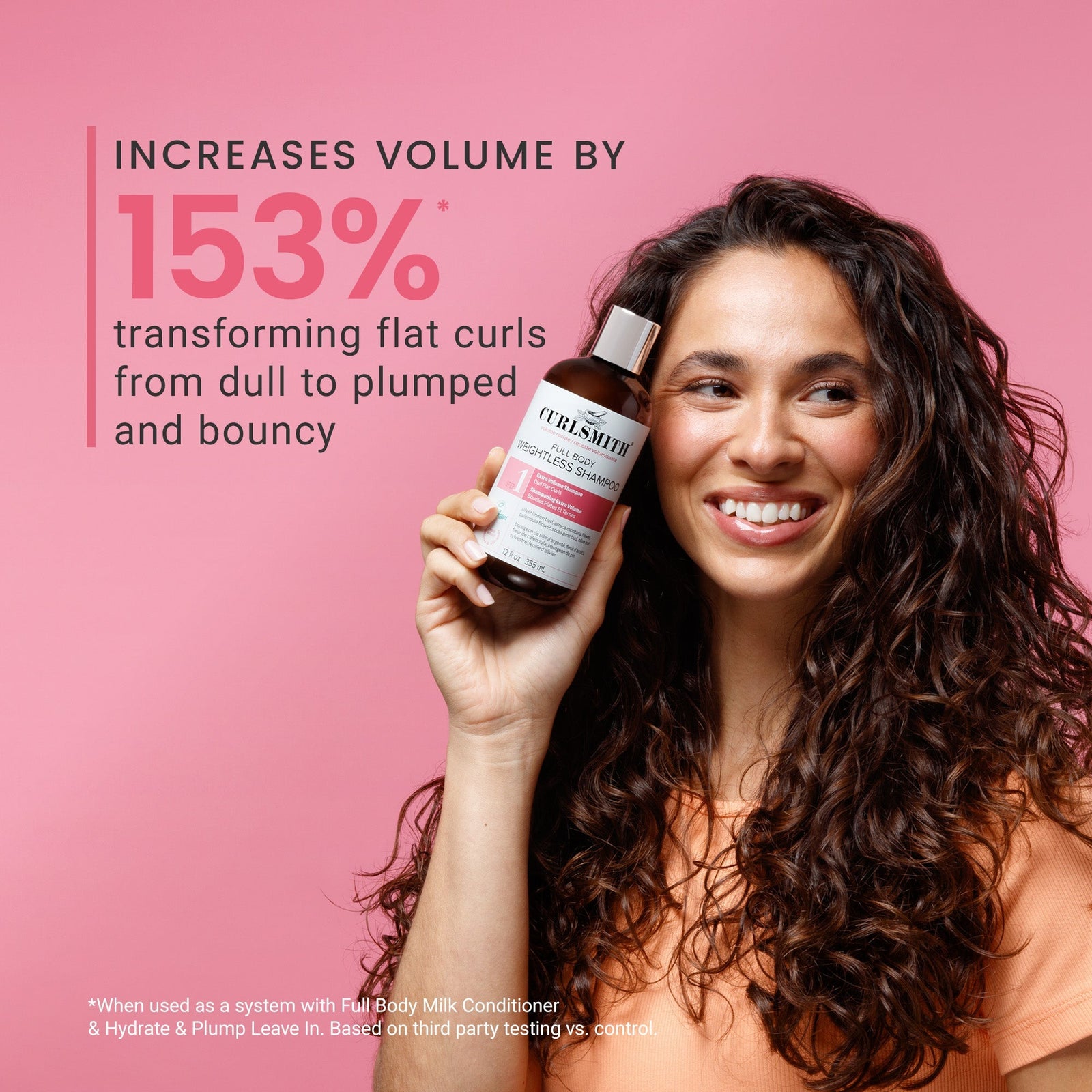 Woman holding a bottle of hair care product with text on a pink background