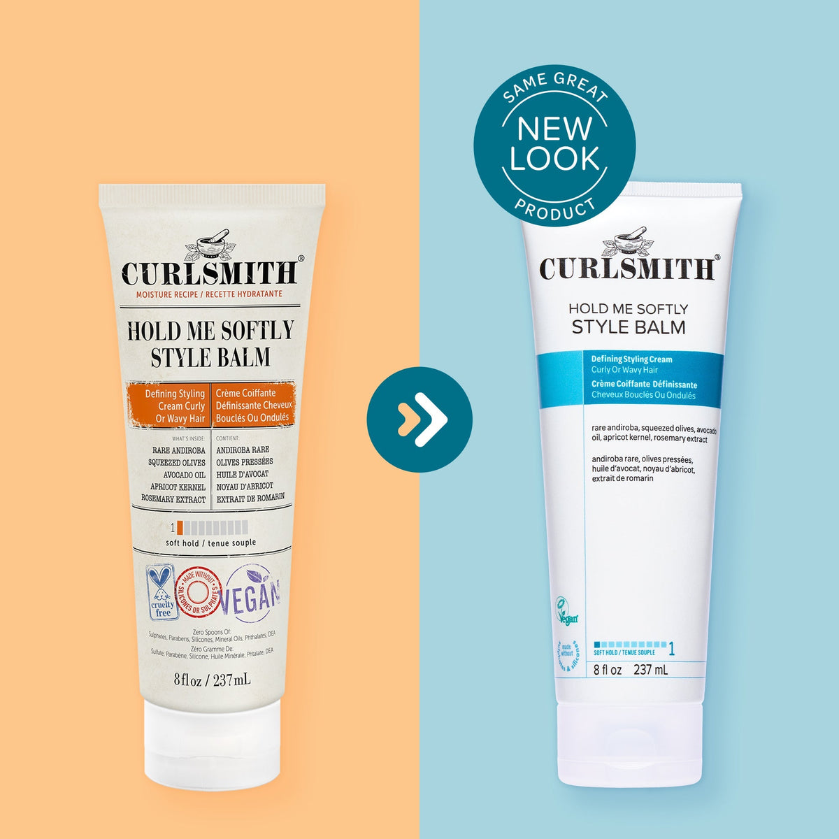 Two versions of Curlsmith 'Hold Me Softly Style Balm' on a split background with a 'Same Great Product, New Look' label.
