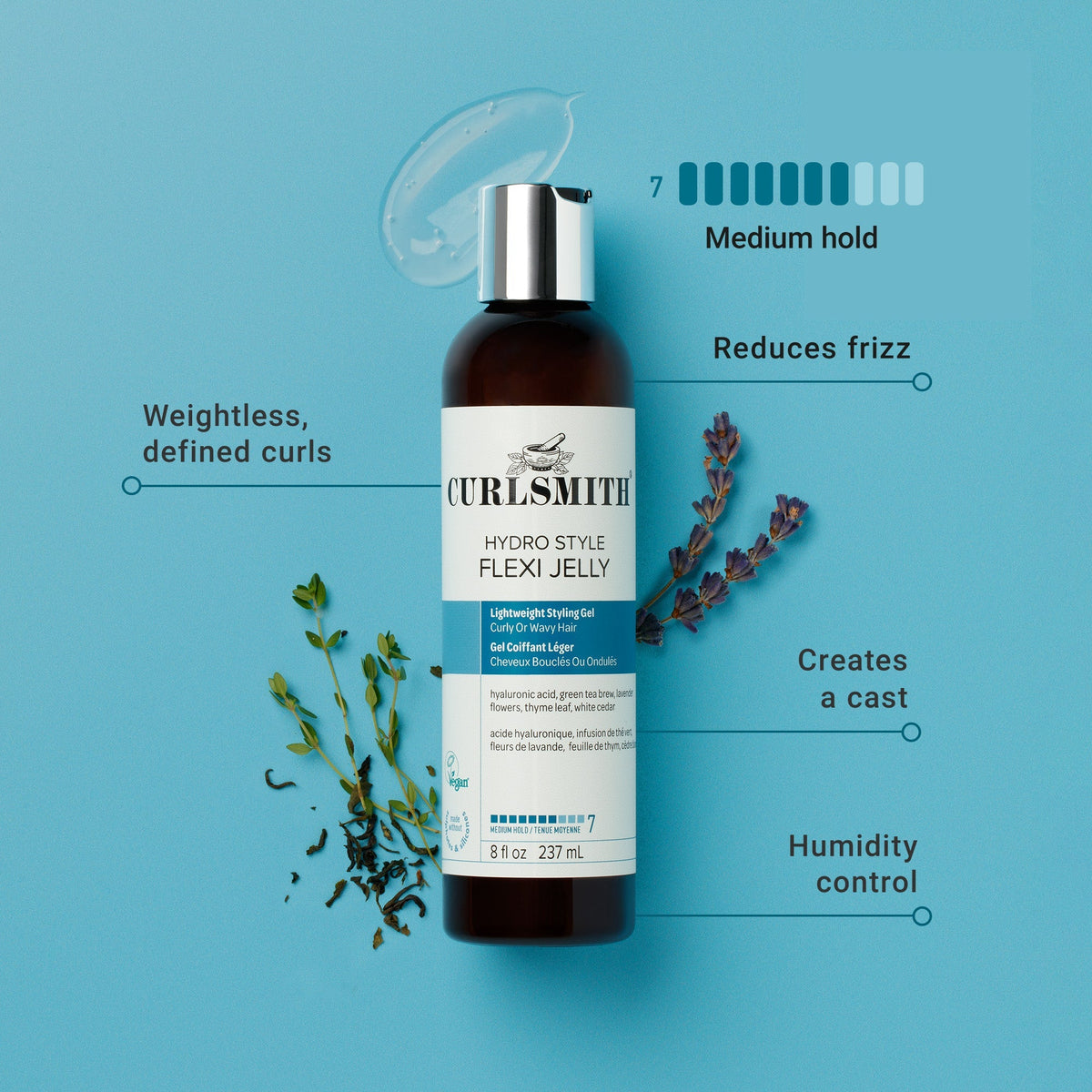 Curlsmith Hydro Style Flexi Jelly bottle with product features on a blue background