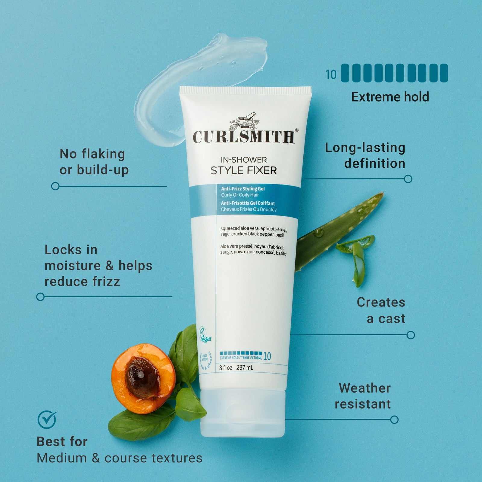 Curlsmith In-Shower Style Fixer tube with product features on a blue background