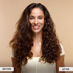 Before and after comparison of a woman with long, wavy hair on a beige background