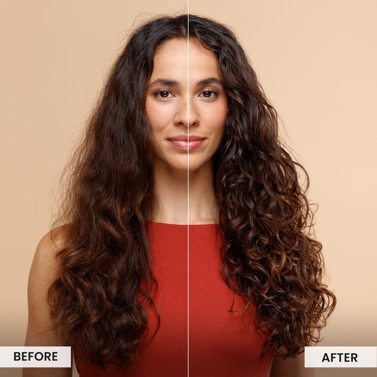 Before and after comparison of a woman with long, wavy hair on a beige background.