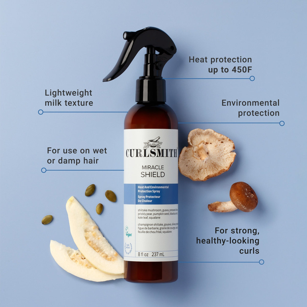 Curlsmith Miracle Shield hair care product with ingredients on a blue background