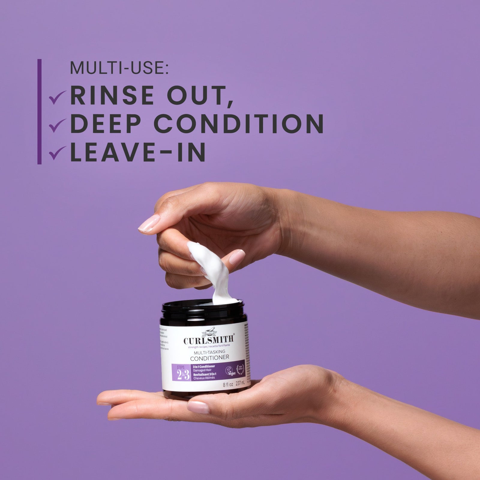 Person using a jar of Curlsmith product with text on a purple background
