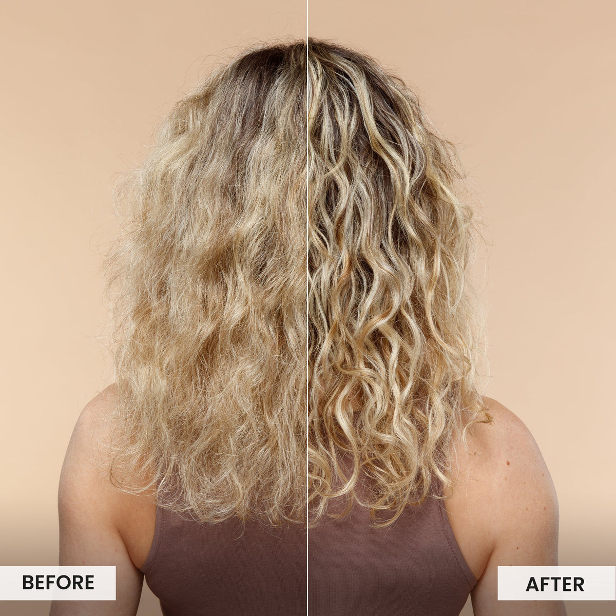 Before and after comparison of wavy hair on a beige background