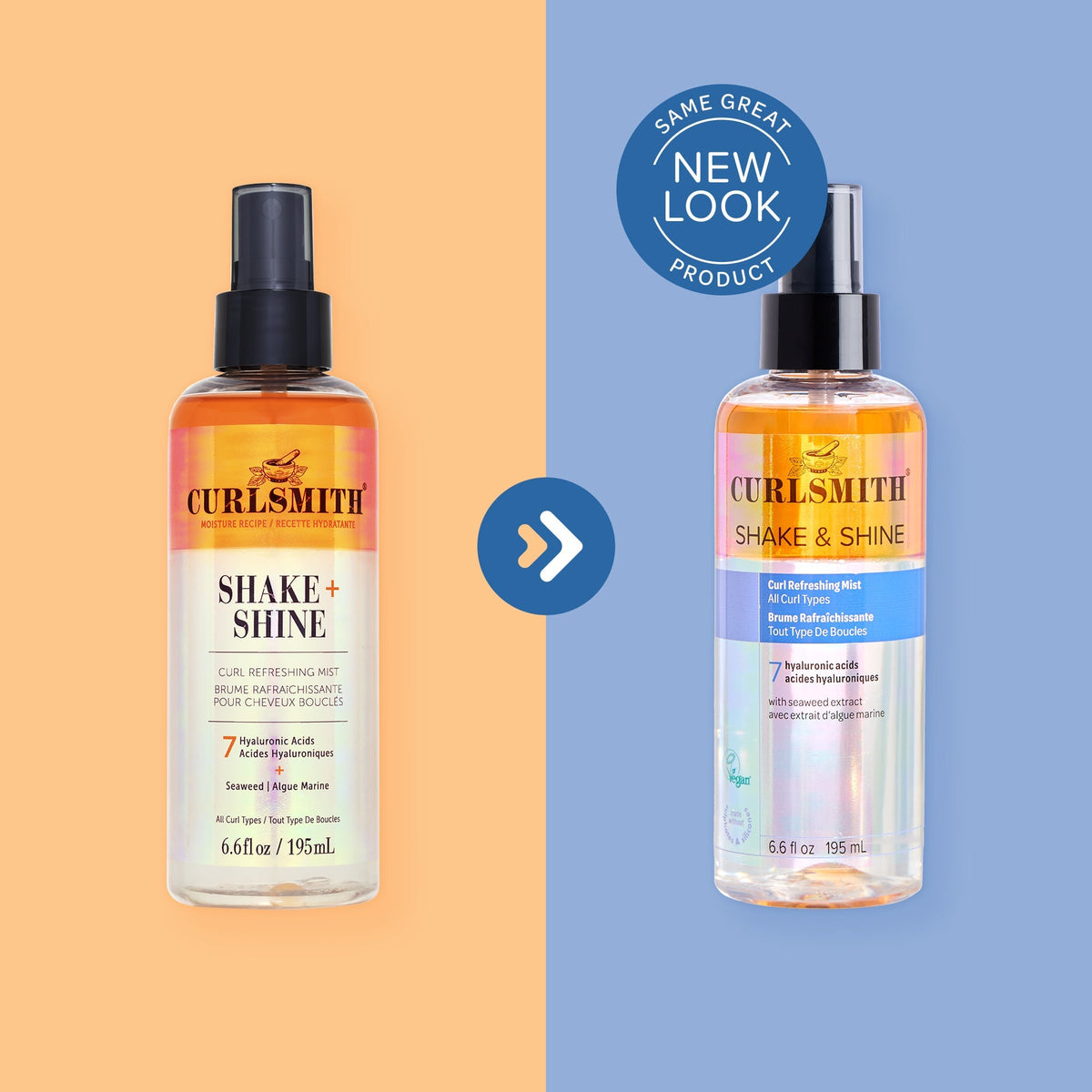 Two bottles of Curlsmith Shake & Shine product on a split background with 'Same Great Product' text.
