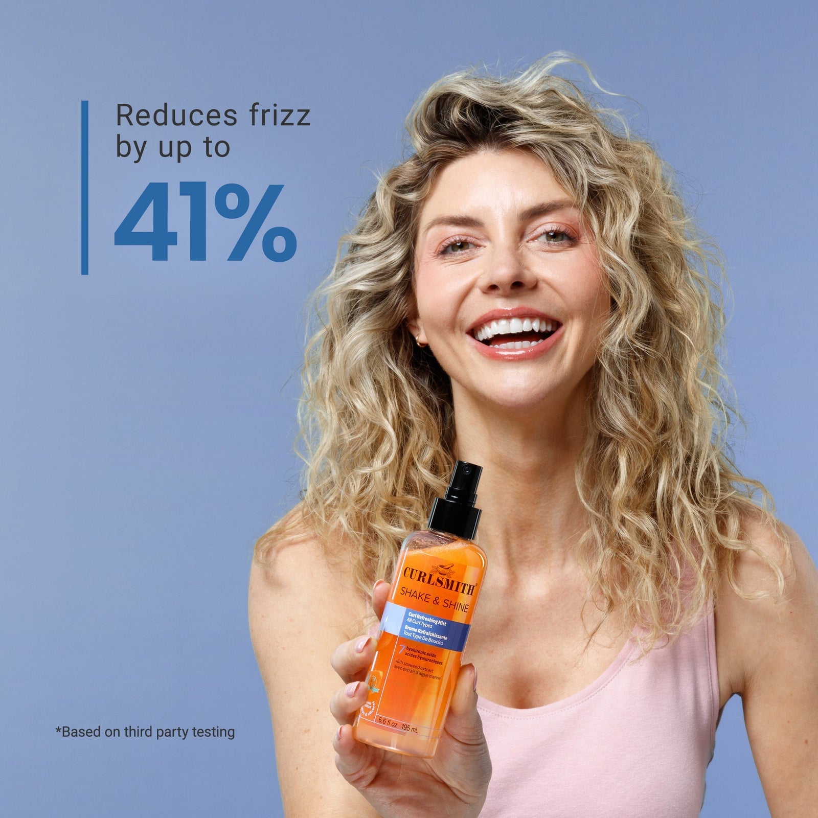 Woman holding a bottle of Curlsmith product with text on a blue background