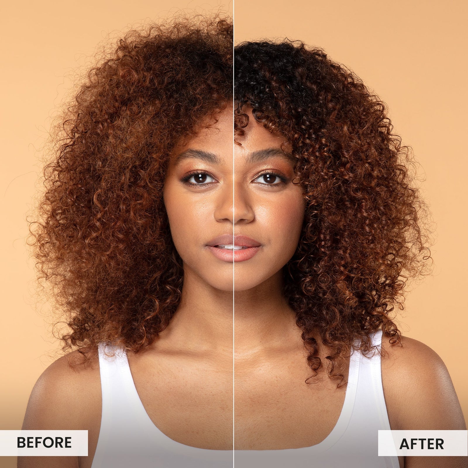 Before and after comparison of a woman with curly hair on a beige background