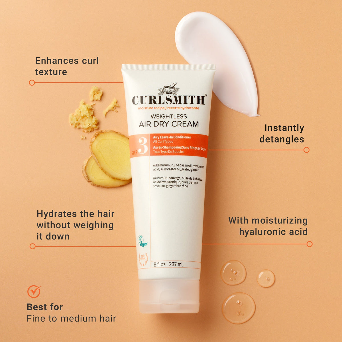 Curlsmith air dry cream tube with text highlighting its benefits on a beige background