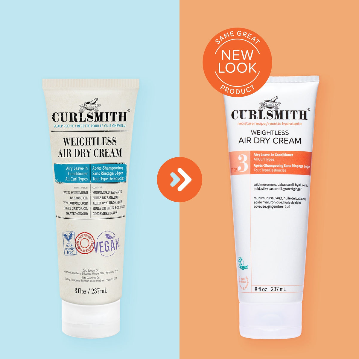 Two versions of Curlsmith Weightless Air Dry Cream on a blue and orange background with a 'Same Great Product, New Look' label.